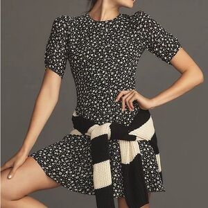 Reformation Black and White Puff Sleeve Mini Dress